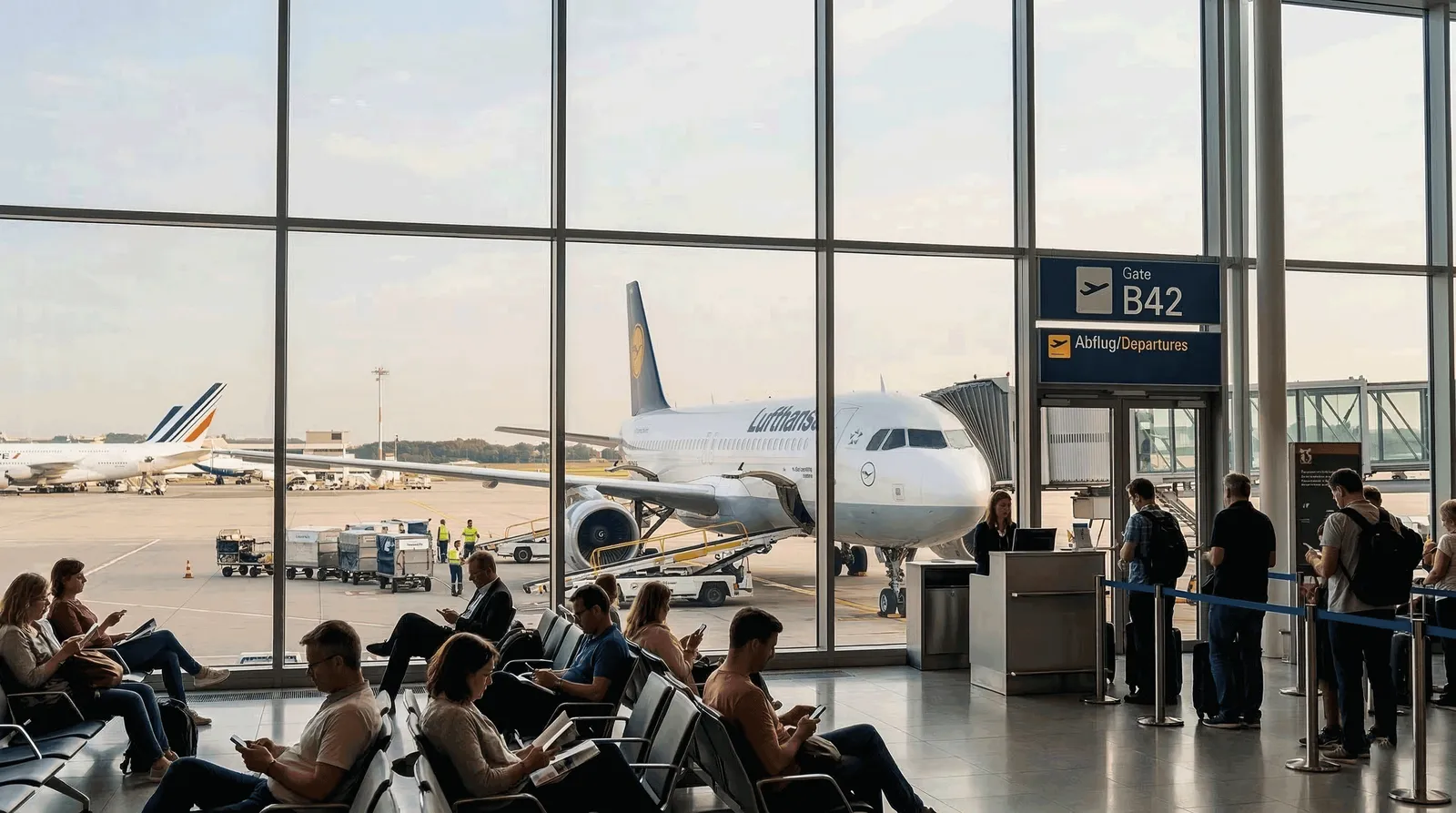 Airplane at gate with passengers waiting in terminal