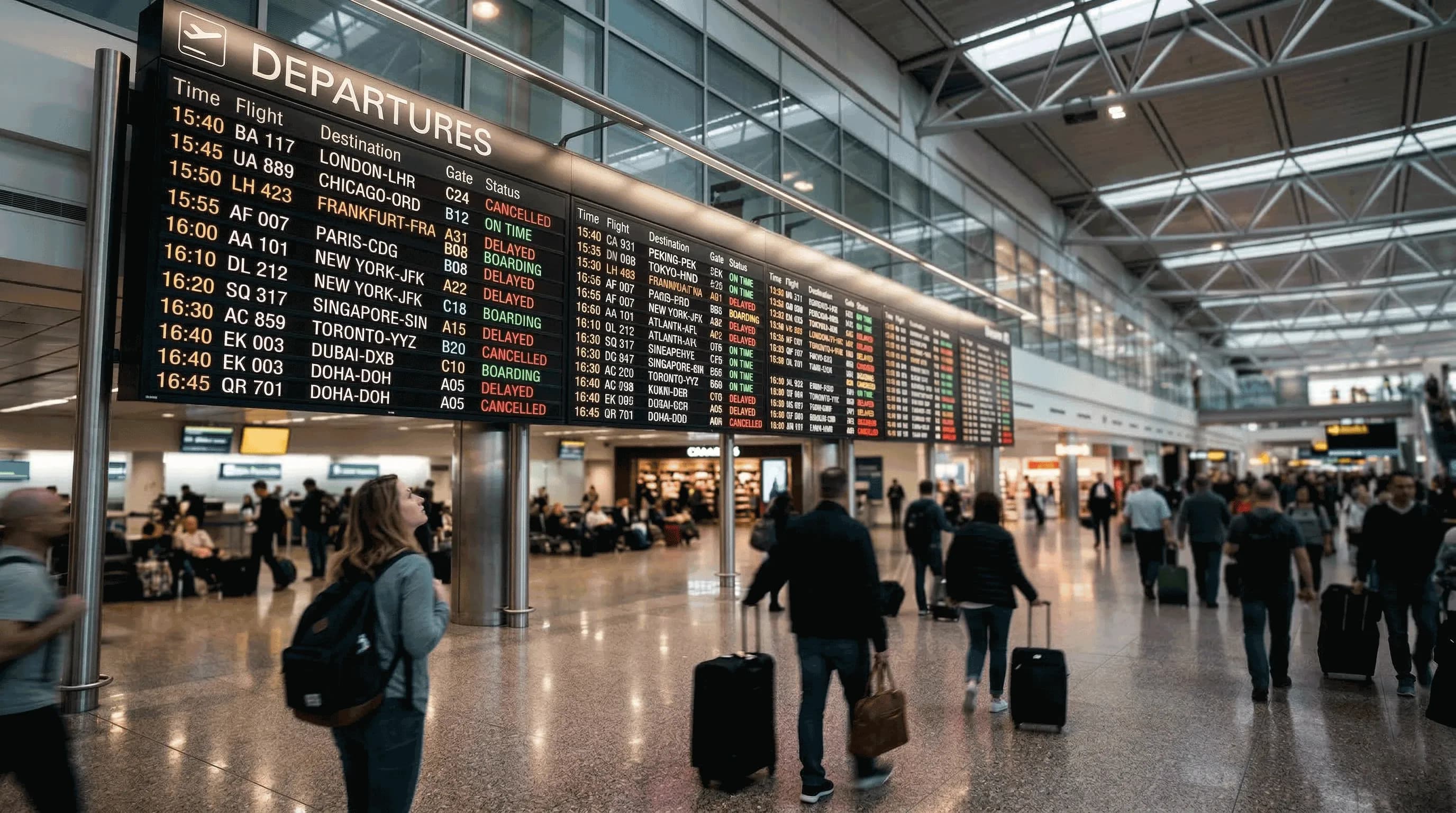 Avion à une porte d'embarquement avec un écran affichant des informations sur l'indemnisation des retards de vol