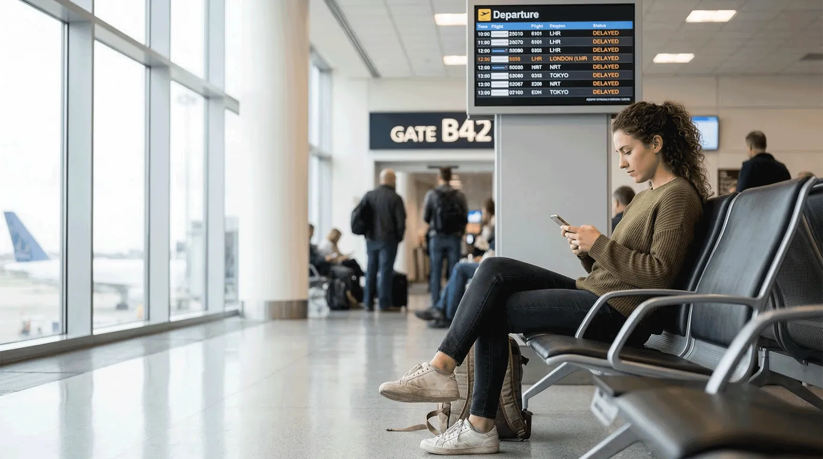 Voyageur consultant son téléphone devant le tableau des départs